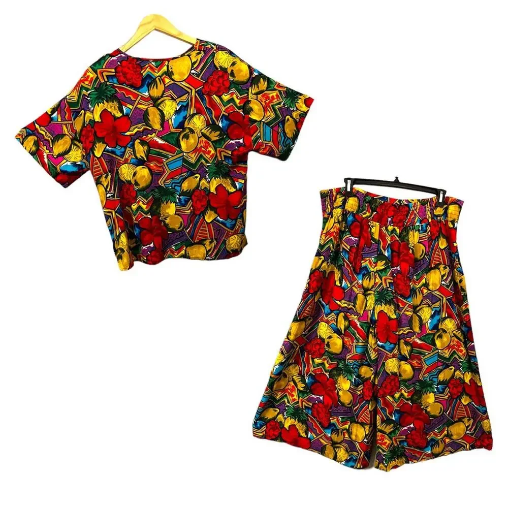 Vintage 80s Pant Set Size L Tropical Fruity Bright - Picture 2 of 16